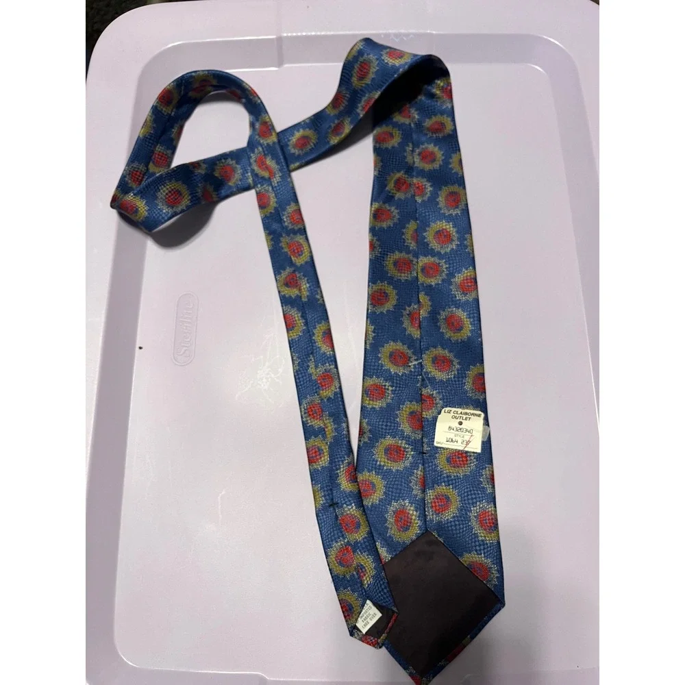 Liz Claiborne Mens Silk Tie Blue Red Yellow Sunburst Medallion 1064 237 USA Made
